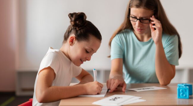 Professora ensinando uma menina com TDAH.